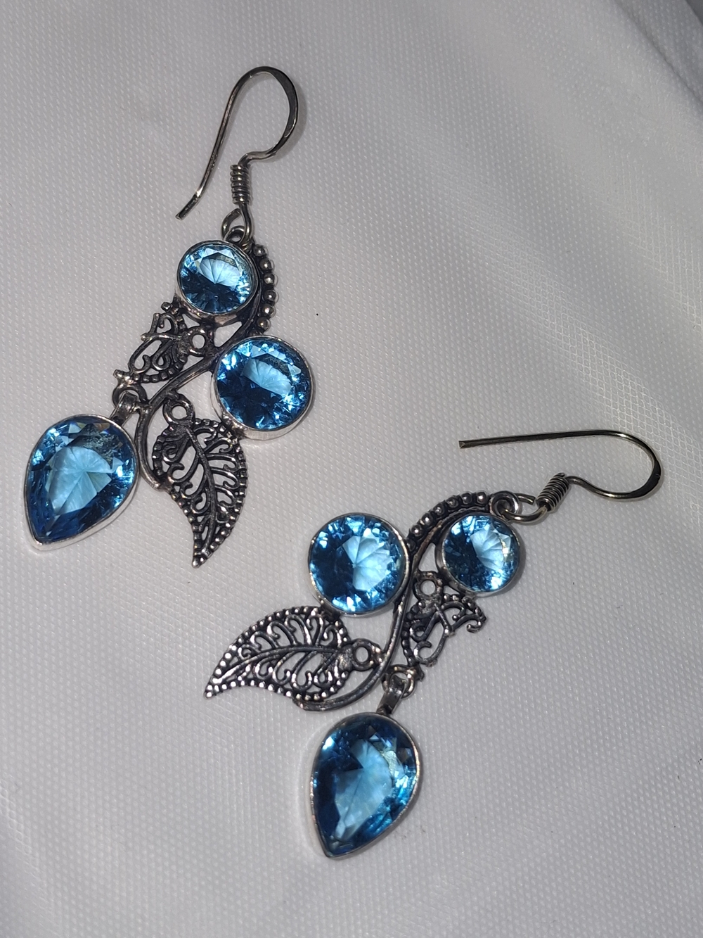 Silver Leaf Blue  TOPAZ Crystal Drop Earrings - Women Jewelry